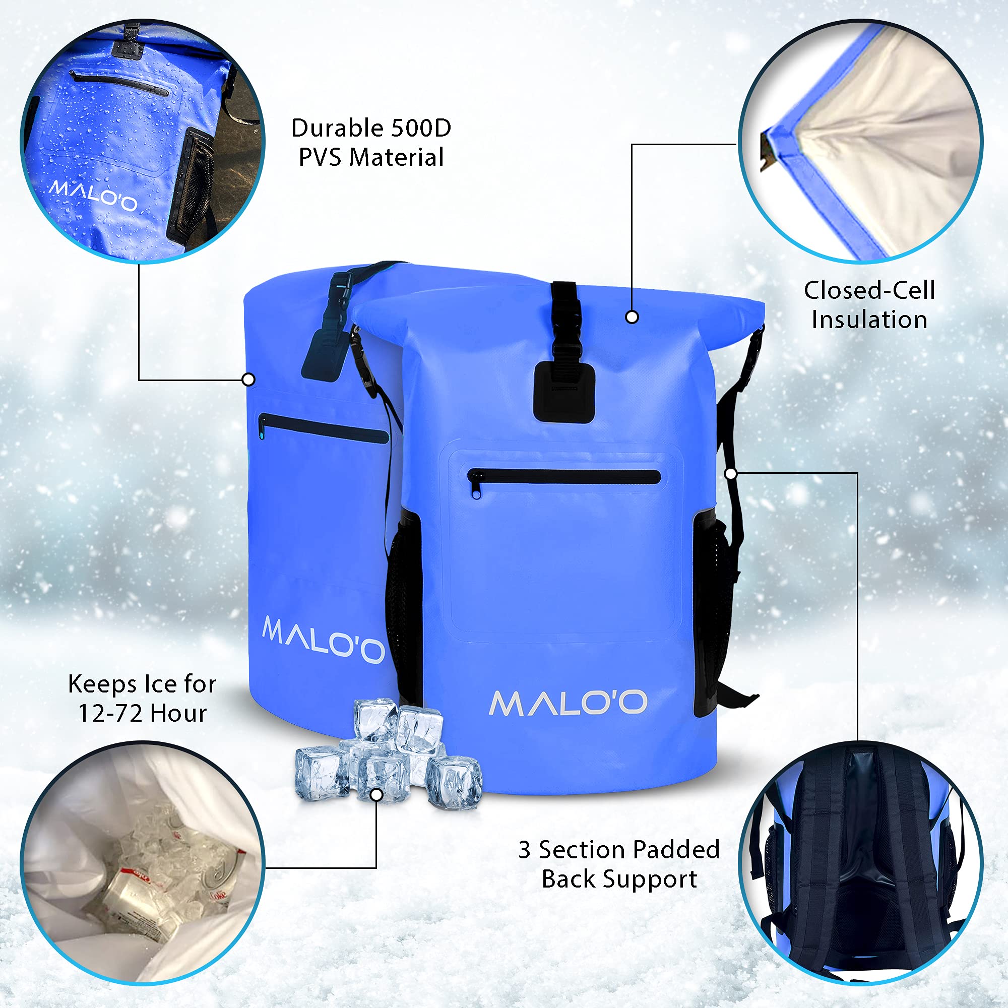 Malo'o IceCell retention visual highlights 24-hour cooling potential.