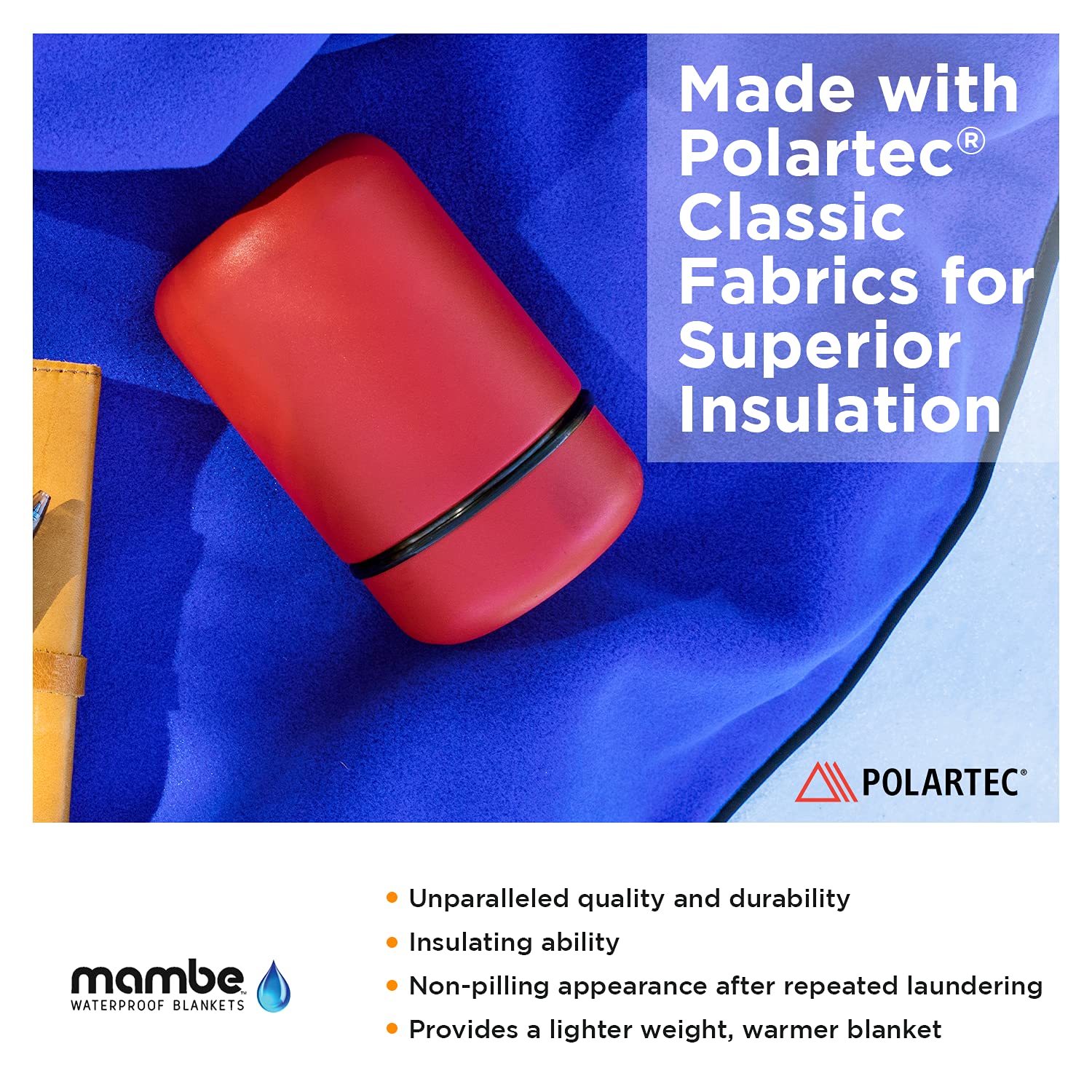 Mambe blanket features radiant heat-reflective lining to retain body heat during chilly outings.