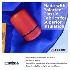 Mambe blanket features radiant heat-reflective lining to retain body heat during chilly outings.