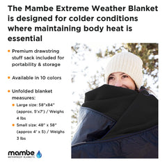 Mambe blanket with waterproof windproof nylon shell shields you from rain and wind outdoors.