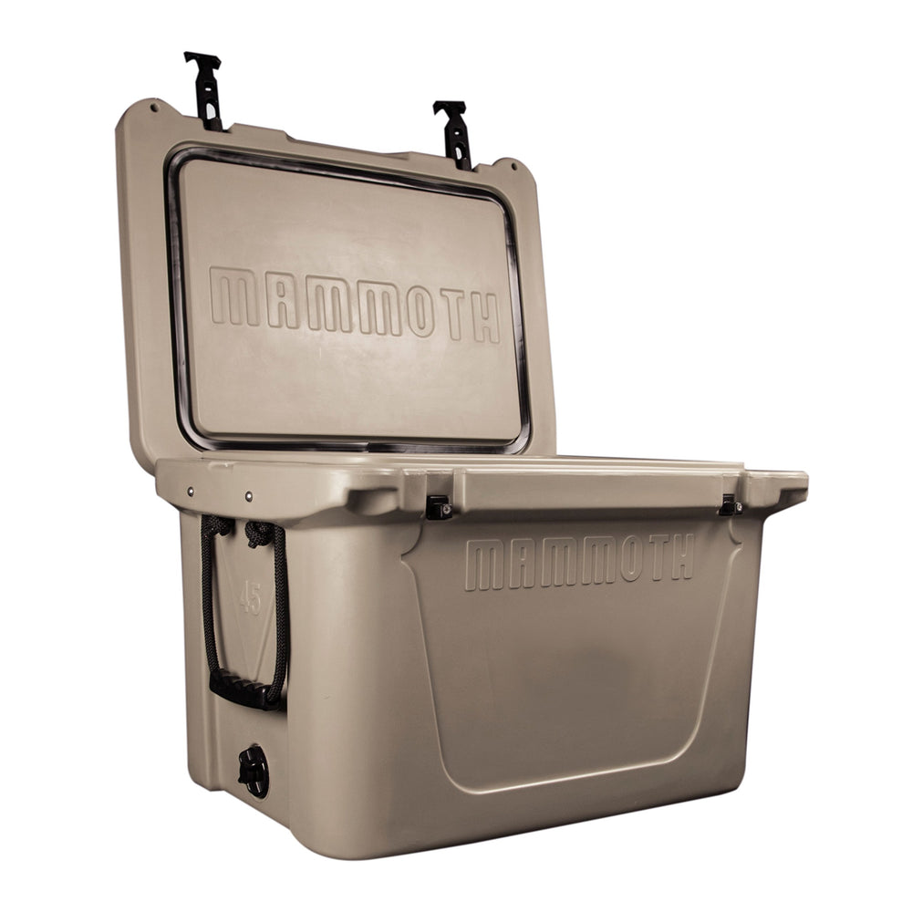Mammoth Ranger 45 cooler front view in tan, built for rugged outdoor trips and long-lasting ice.