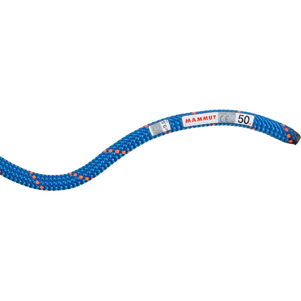 Close-up of DRY treatment on Mammut rope showing water resistance.