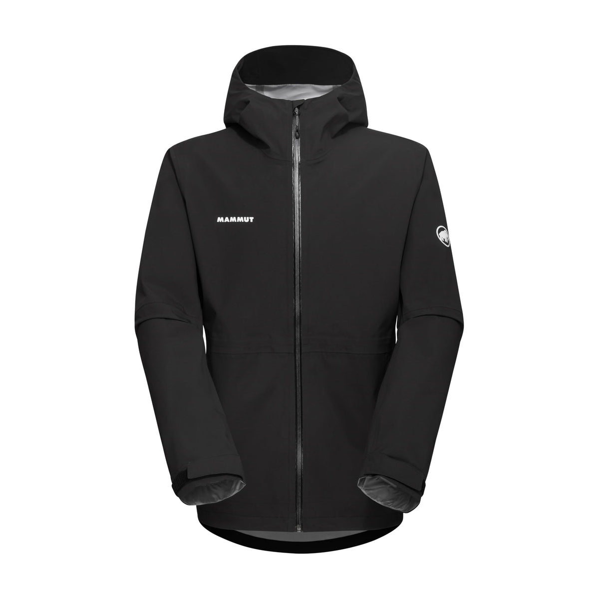 Mammut Linard Guide HS Hooded Jacket front view with waterproof shell for rain protection.