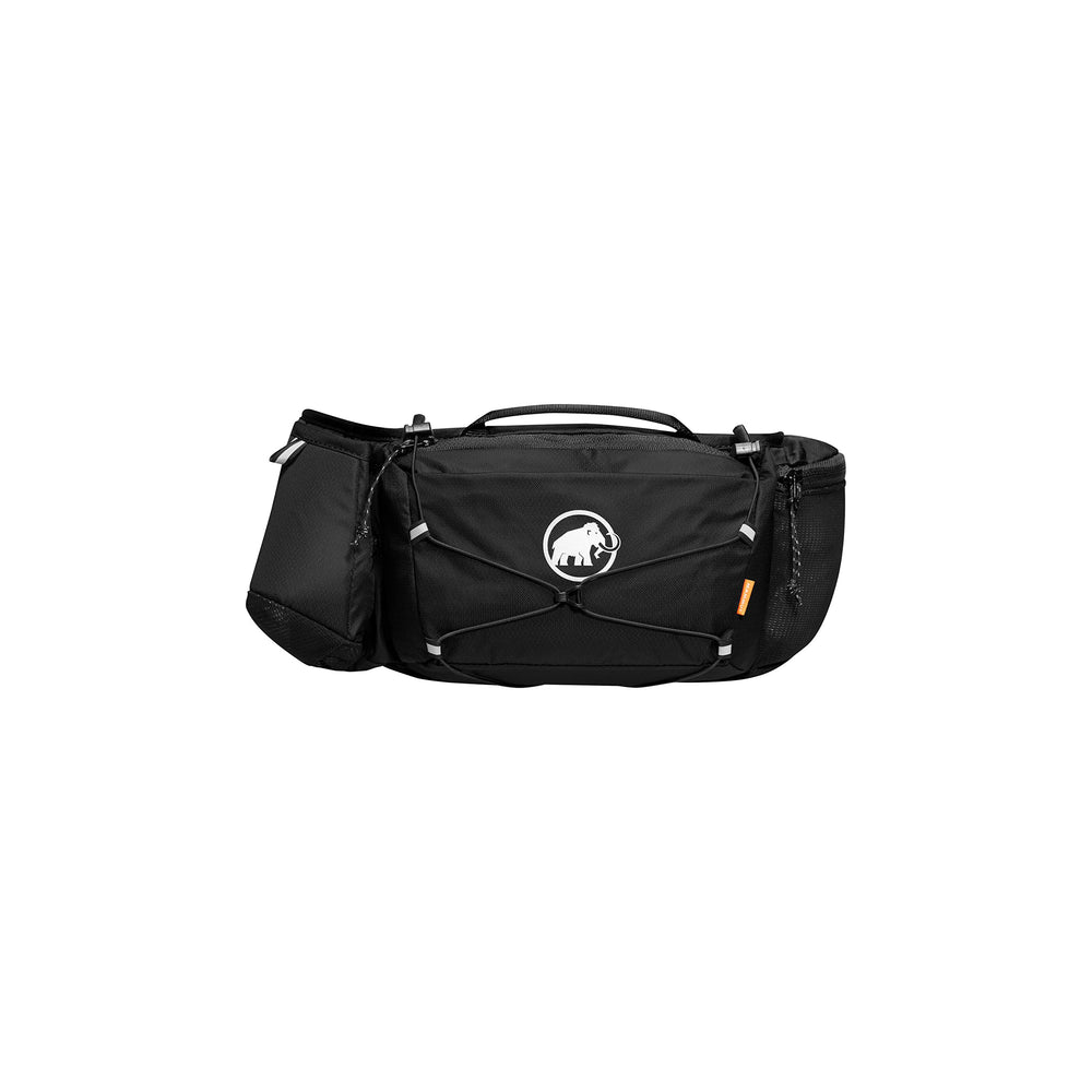Mammut Lithium waistpack bottle holder enables hydration on hikes.