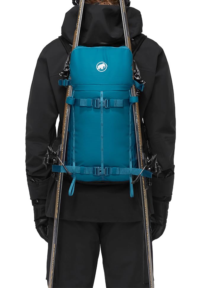 Mammut Nirvana 18L snow pack side view, secure A-Frame carry for skis or boards.