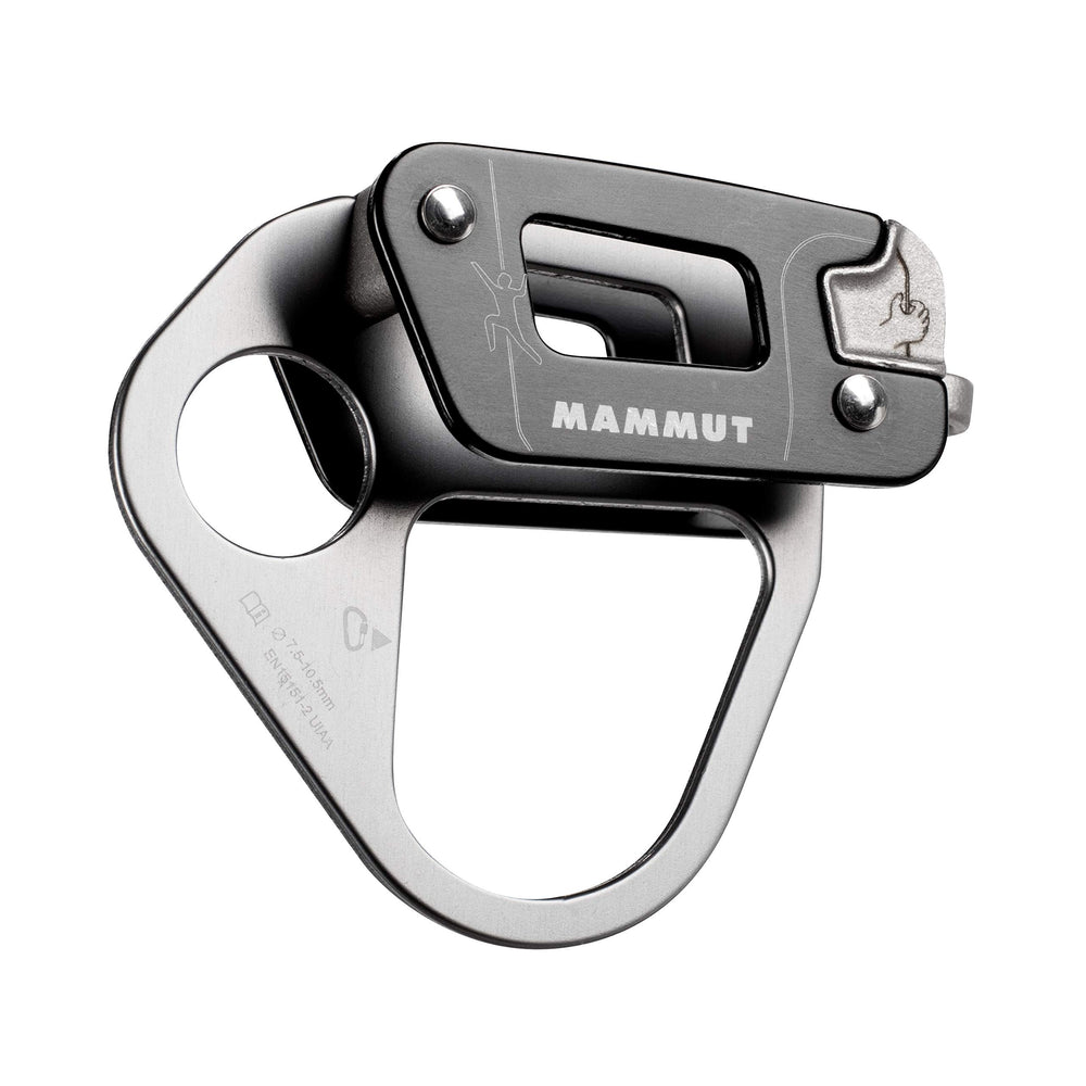 Mammut Nordwand Alpine belay device close-up of friction inserts improving braking efficiency.
