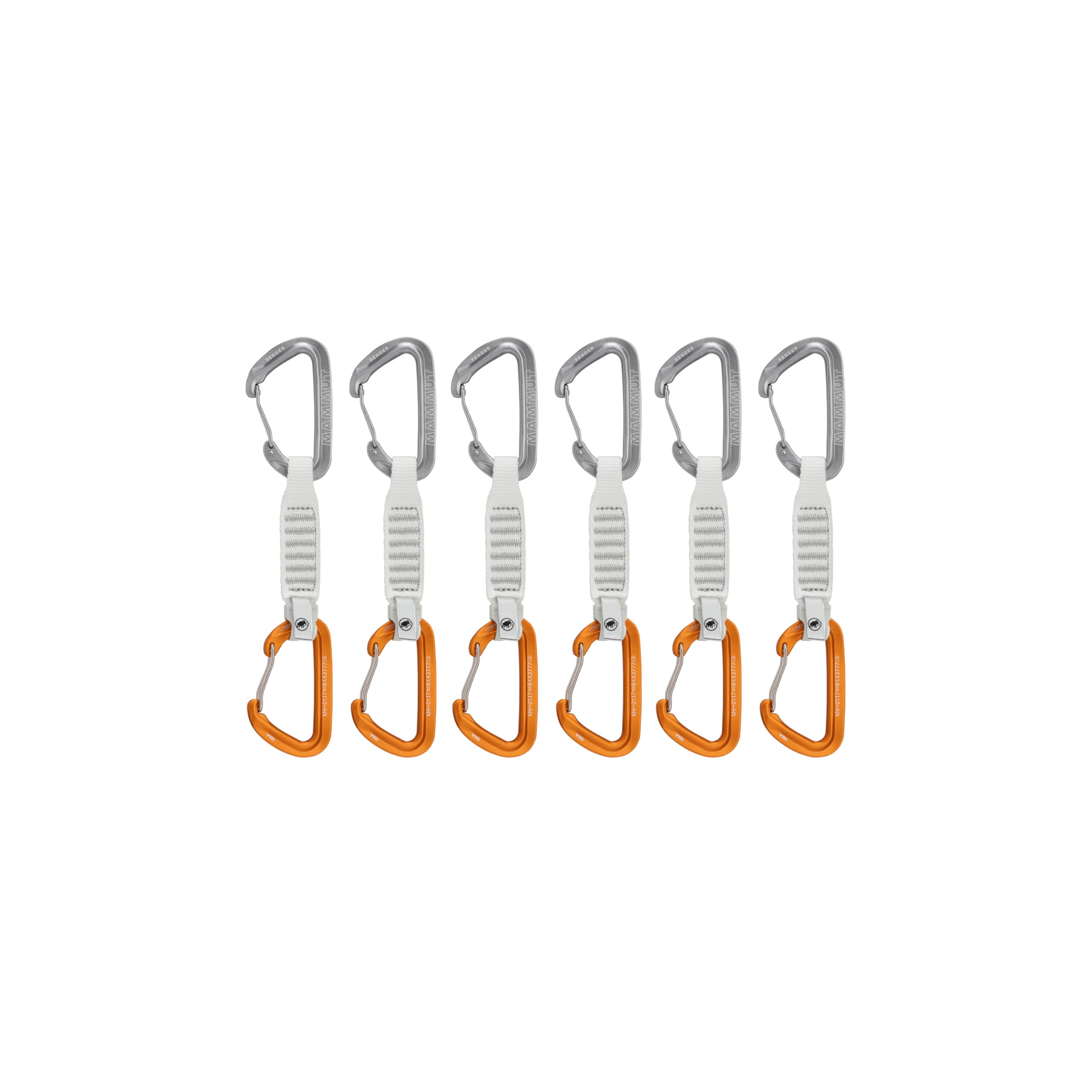 Mammut Sender Wire 6-Pack quickdraws in light grey and gold for alpine routes and sport climbs, lightweight performance