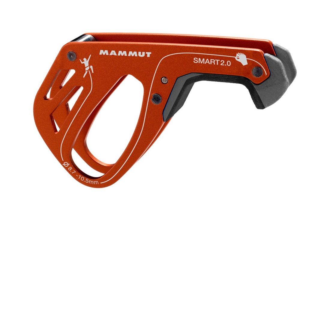 Mammut Smart 2.0 belay device close-up in dark orange, showing precise rope control for smooth belaying