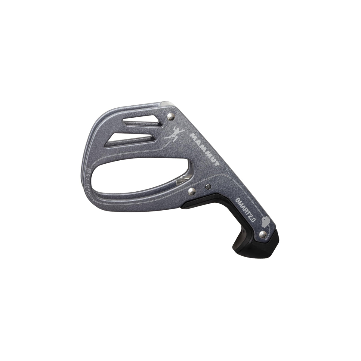 Mammut Smart 2.0 grey belay device close-up highlighting lightweight design.