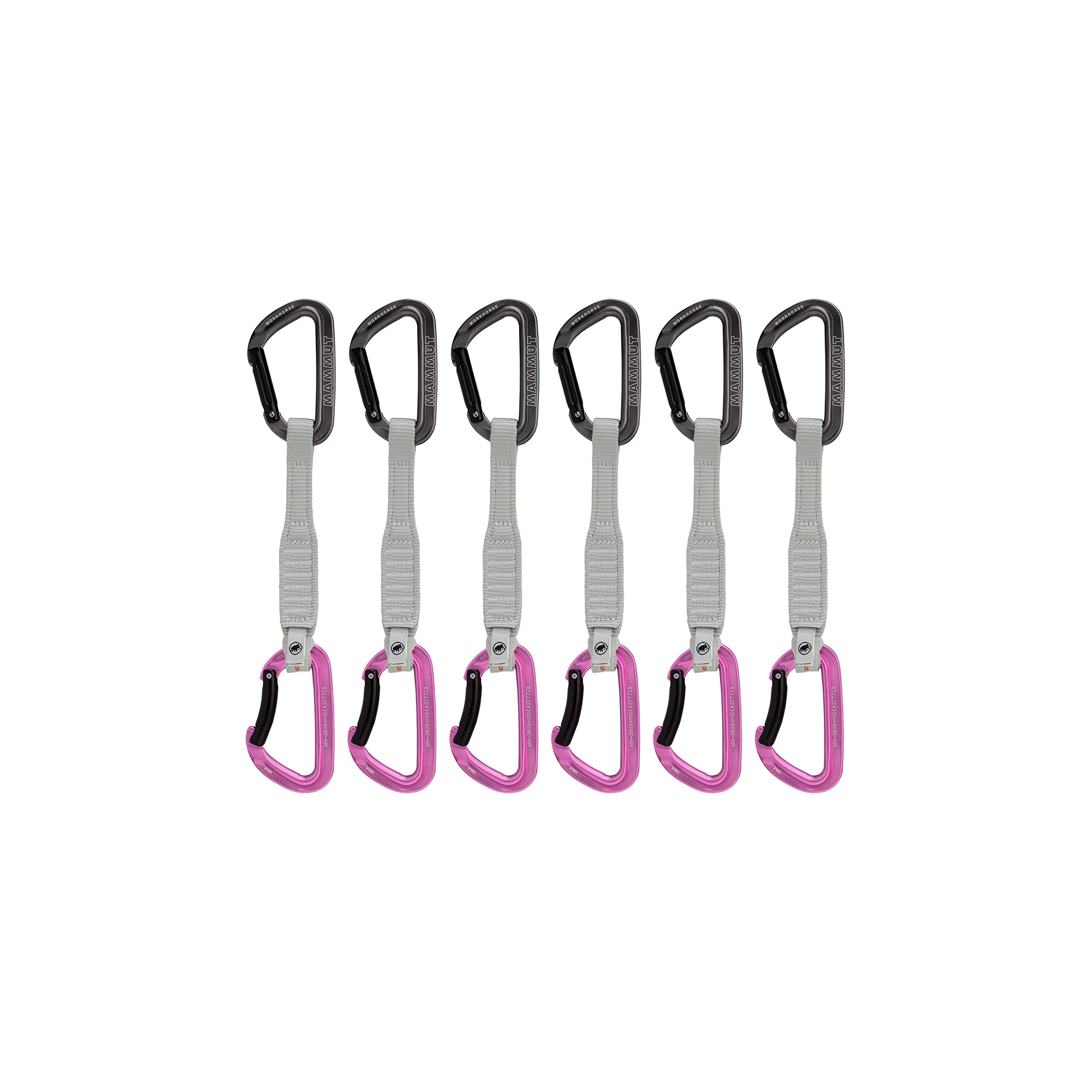 Mammut Workhorse Keylock quickdraws in grey/pink for easy clipping and durability.