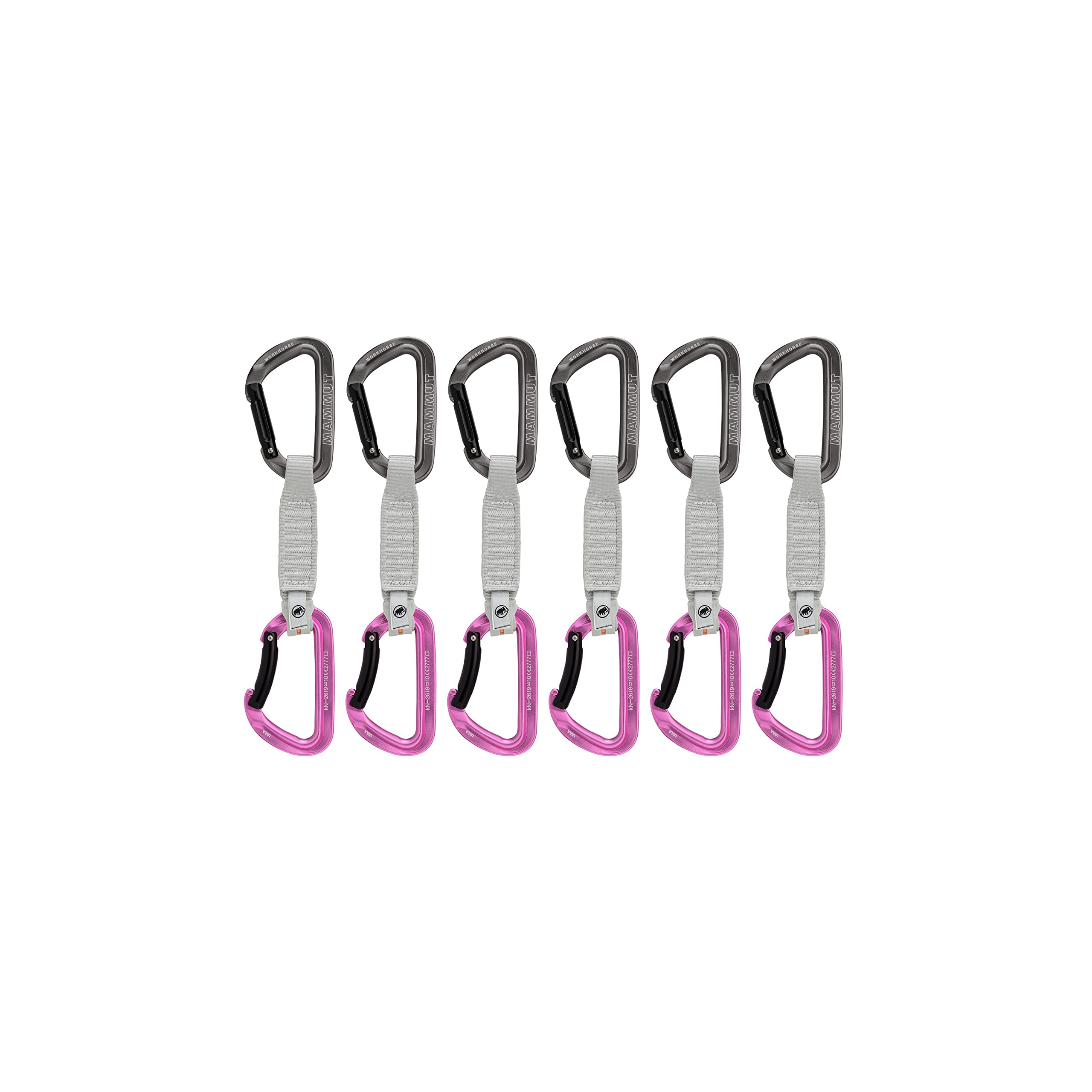 Mammut Workhorse Keylock 6-pack quickdraw in grey and pink, comfortable grip for fast clipping