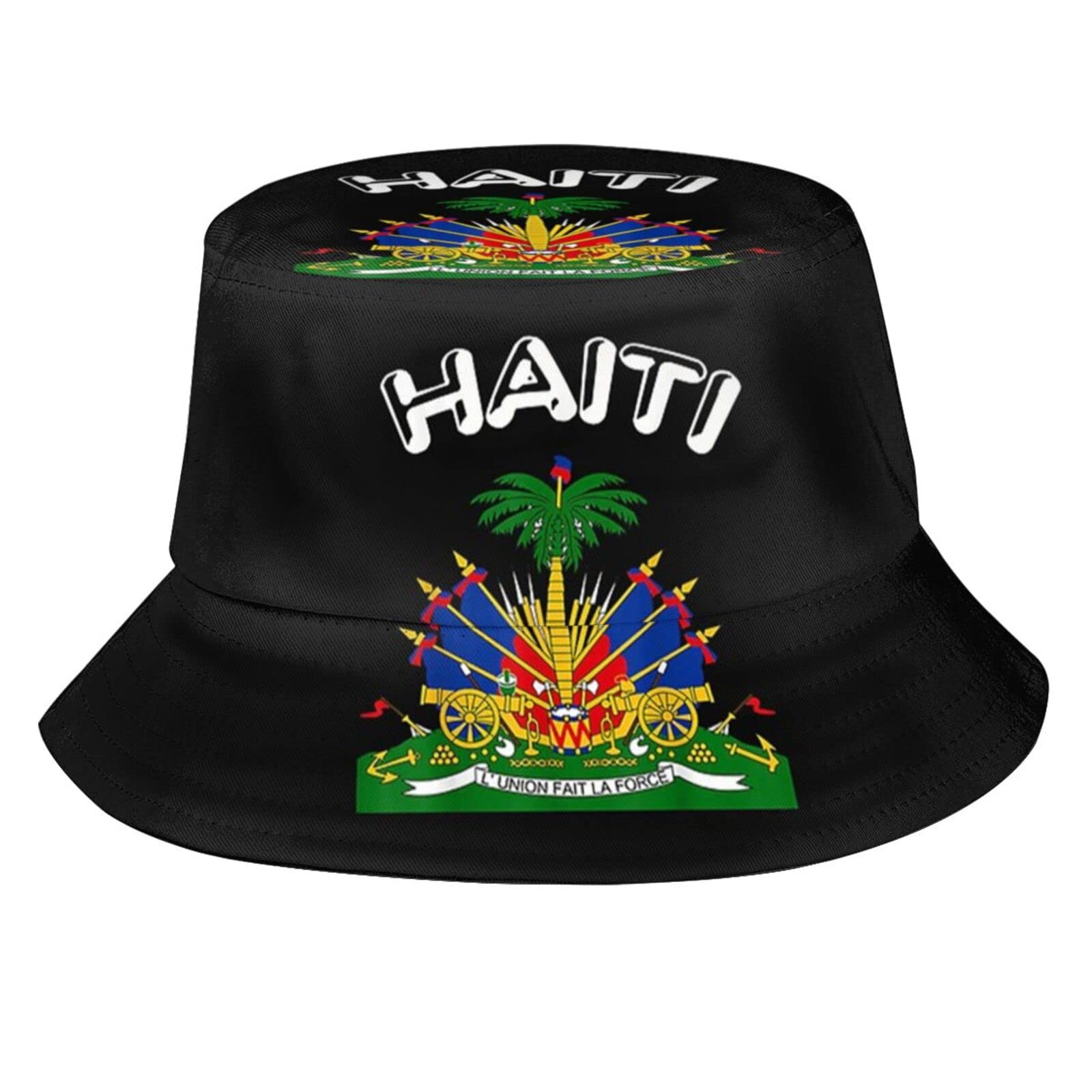MANQINF Haiti flag bucket hat front view for sun protection during outdoor adventures.