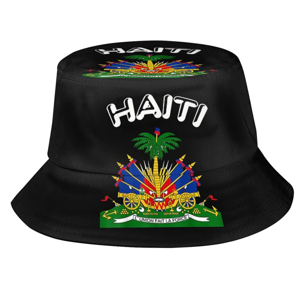 MANQINF Haiti flag bucket hat front view for sun protection during outdoor adventures.