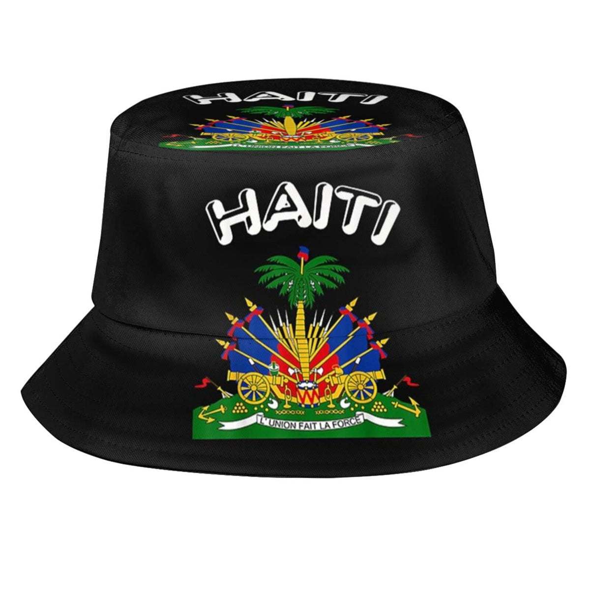 MANQINF Haiti flag bucket hat front view for sun protection during outdoor adventures.