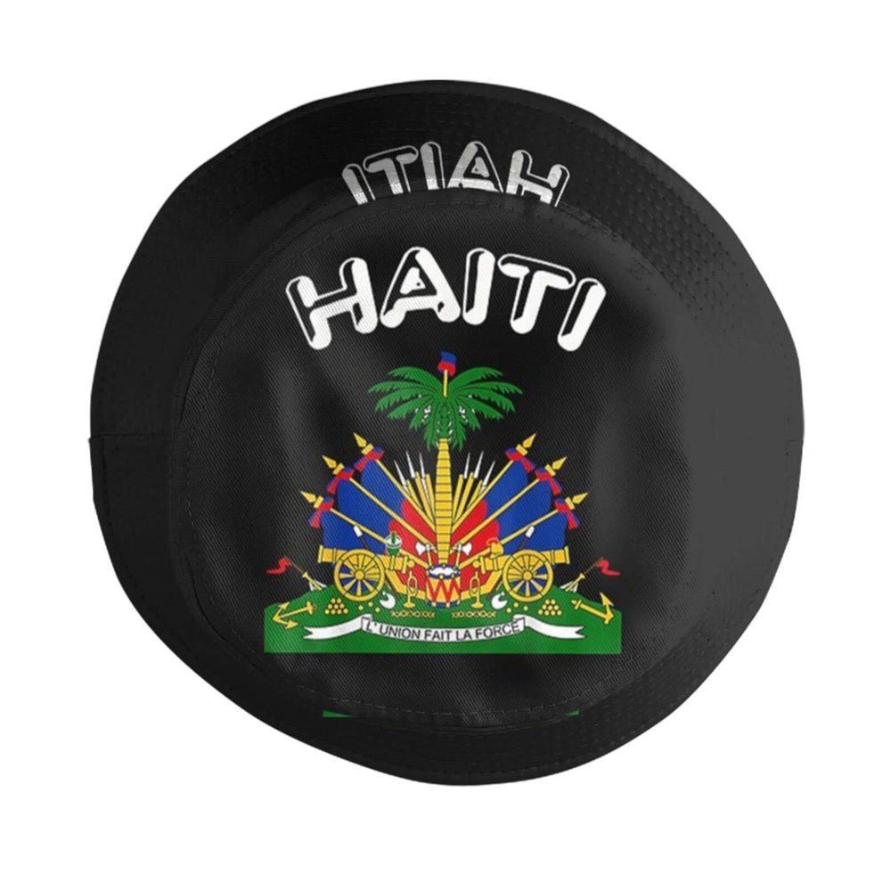MANQINF Haiti flag bucket hat side view showing wide shade for daily wear.