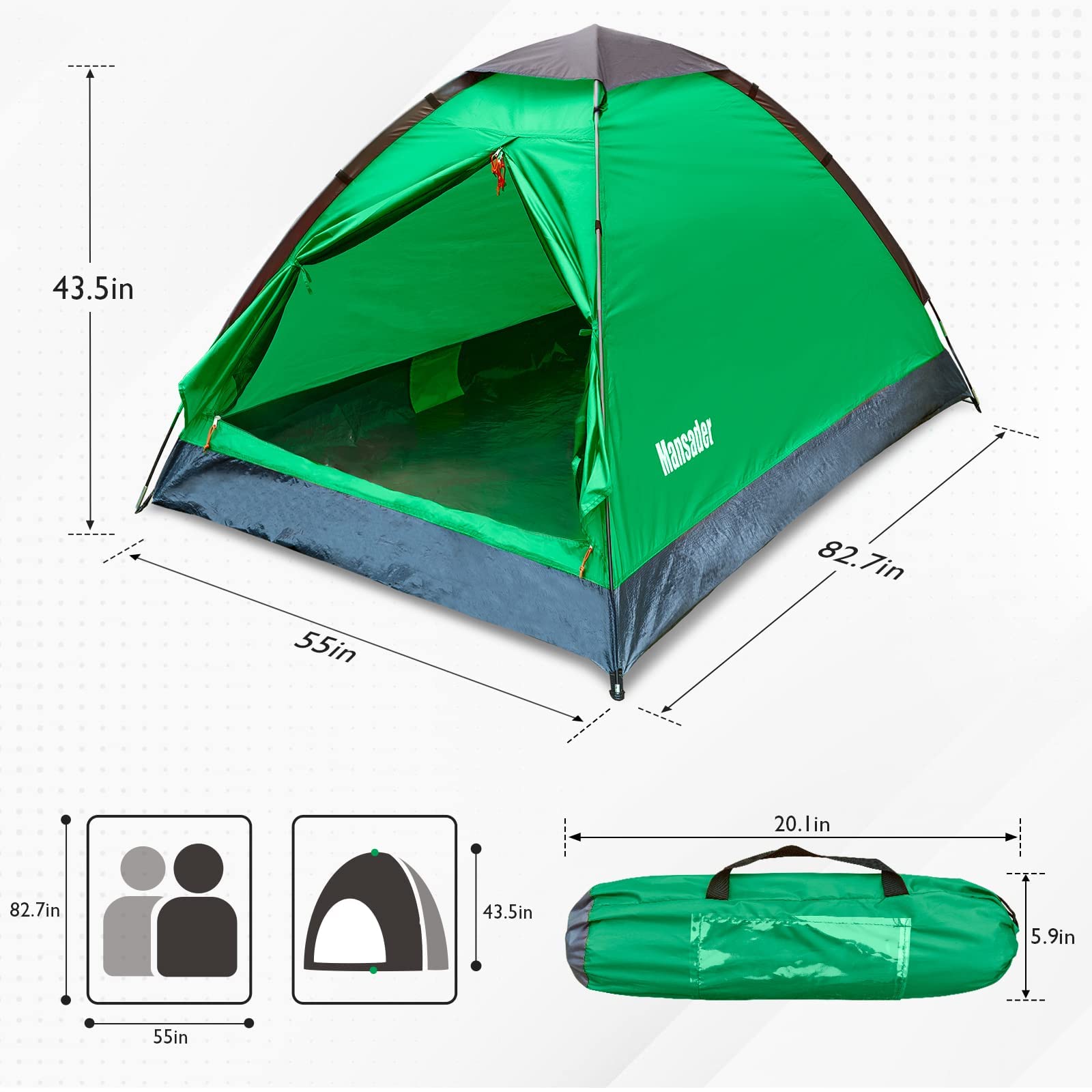 Mansader 2-person dome tent interior is spacious for two campers