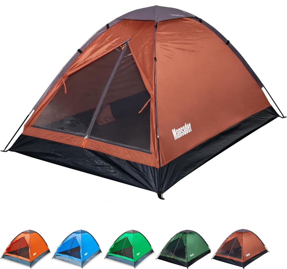 Mansader 2-person dome tent provides waterproof protection for weekend camping.