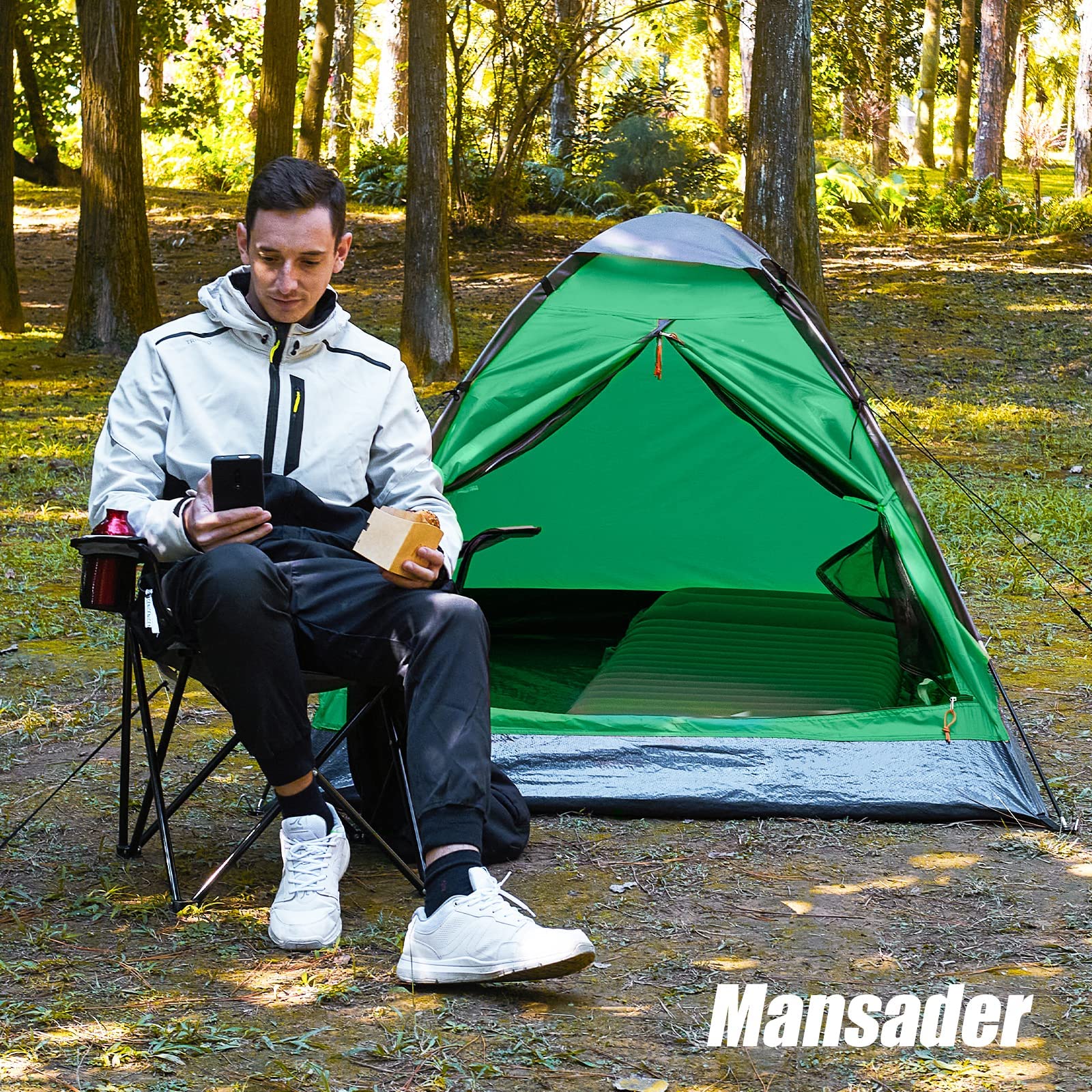 Mansader green dome tent in forest scene for nature lovers