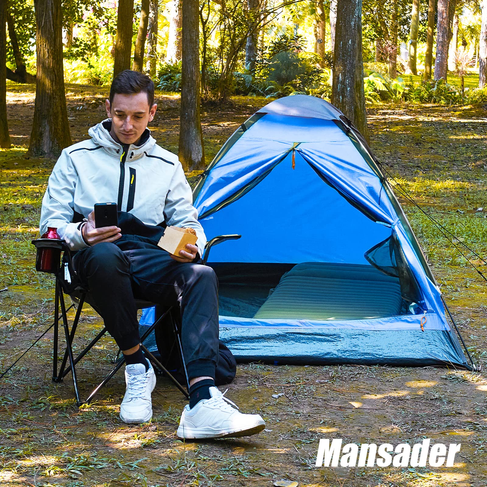 Mansader camping setup illustrates quick assembly after arriving at site
