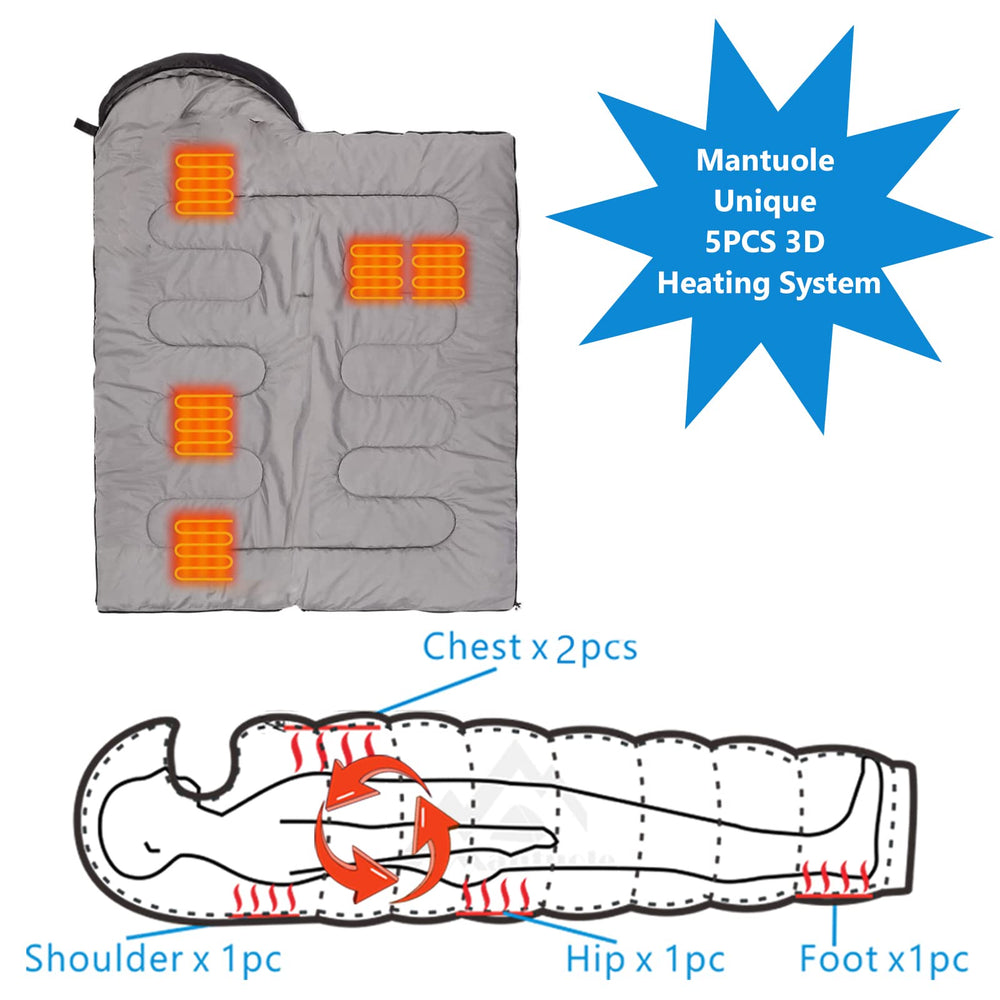 Mantuole envelope-style heated sleeping bag in black showing broad warmth coverage outdoors
