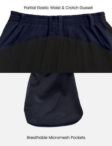 Mapamyumco lightweight shorts on trail scene in dark blue