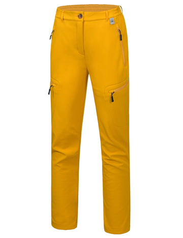 Mapamyumco women's softshell pants showing waterproof yellow fabric for light rain protection during hiking