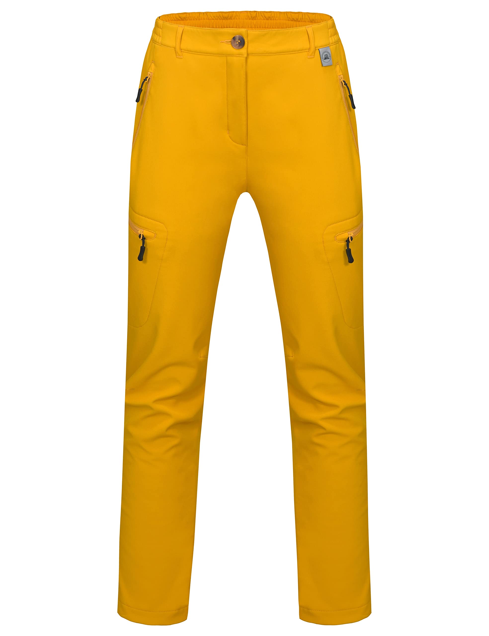 Mapamyumco women's softshell pants yellow back view, windproof warmth and full coverage.