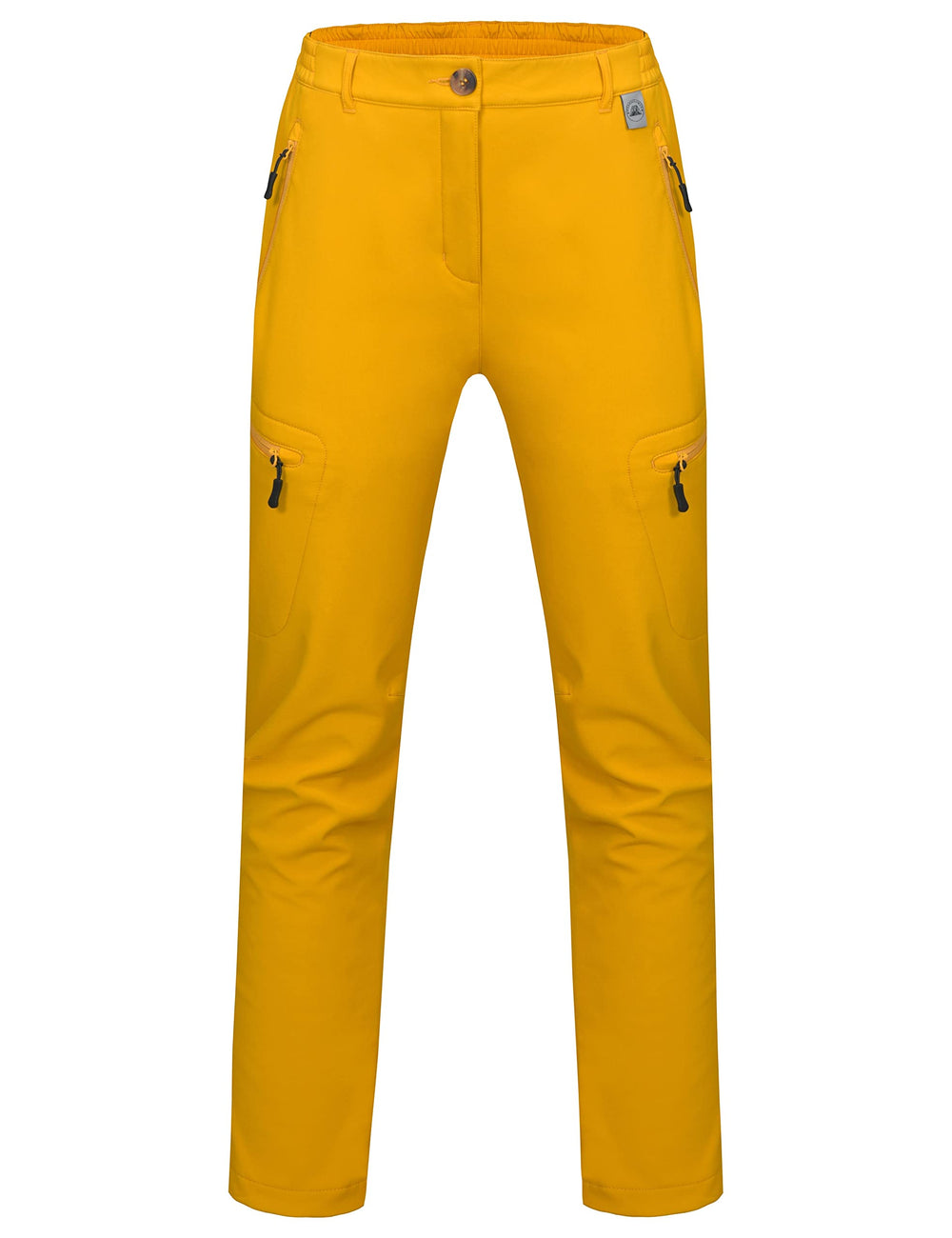 Mapamyumco women's softshell pants yellow back view, windproof warmth and full coverage.