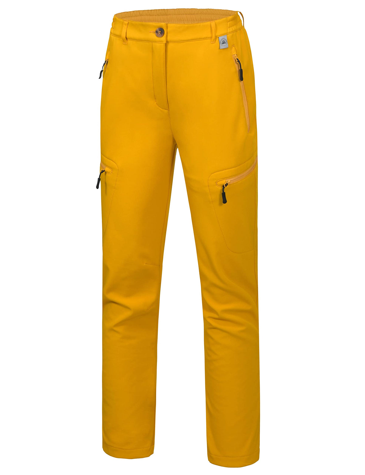 Mapamyumco women's softshell pants yellow front view, water-resistant and breathable.