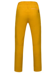 Mapamyumco women's softshell pants yellow side view, 4-way stretch for mobility.