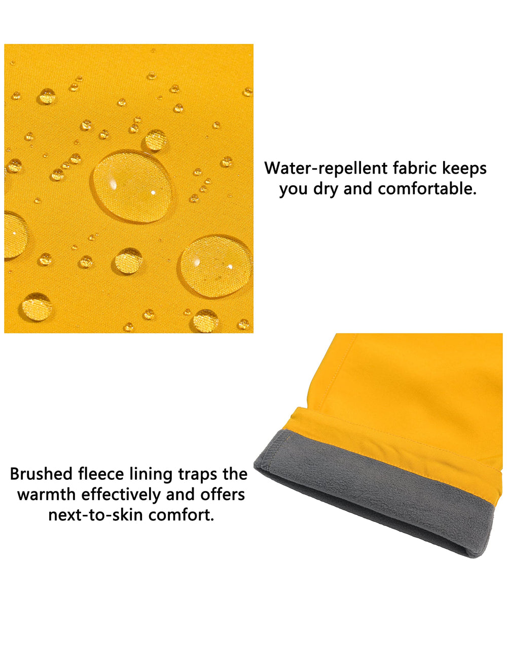 Mapamyumco women's softshell pants yellow fleece lining for chilly days.