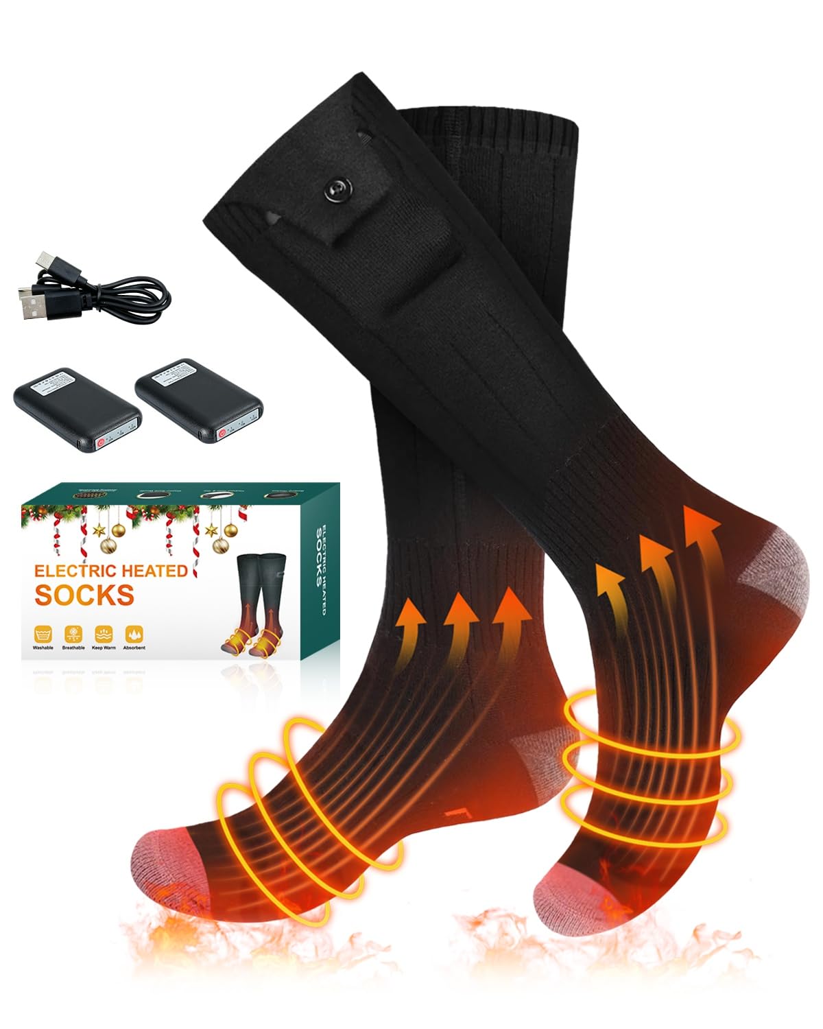 Maraiss heated socks packaging highlights universal fit and warmth.
