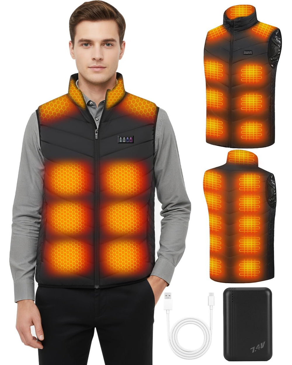 Maraiss heated vest front view with even core warmth for outdoor use.