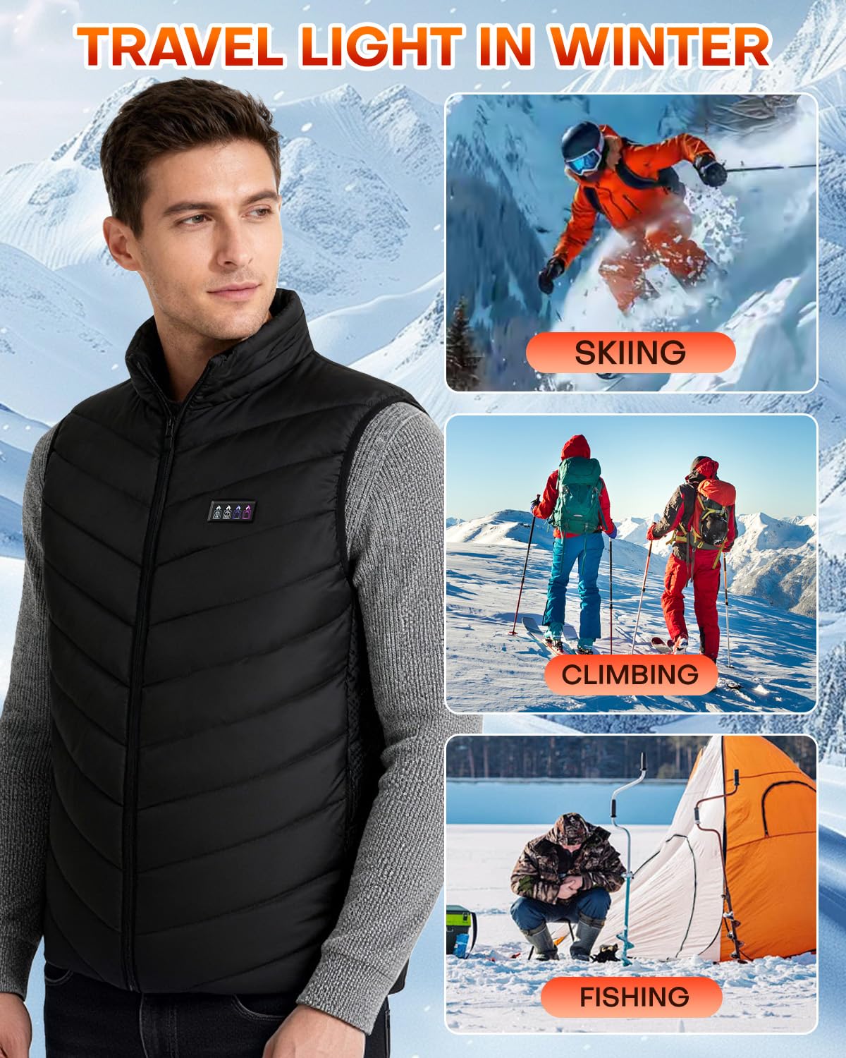 Maraiss heated vest lightweight design for easy packing and mobility.