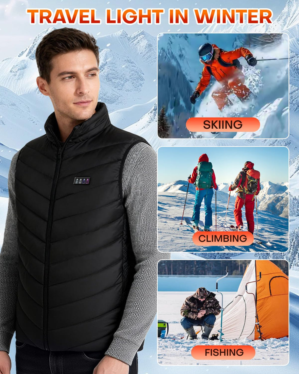 Maraiss heated vest lightweight design for easy packing and mobility.