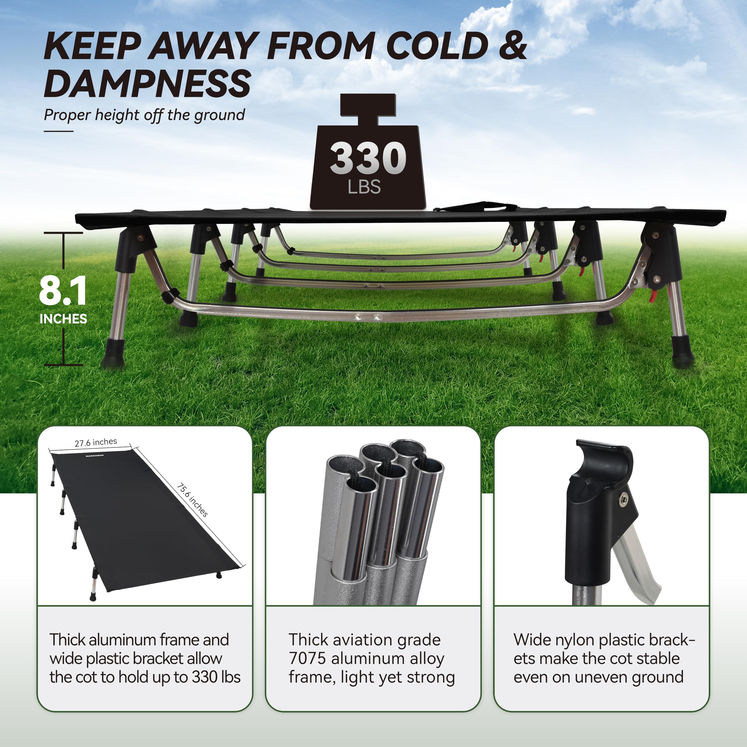 Marchway camping cot anti-skid feet on ground highlighting stability.