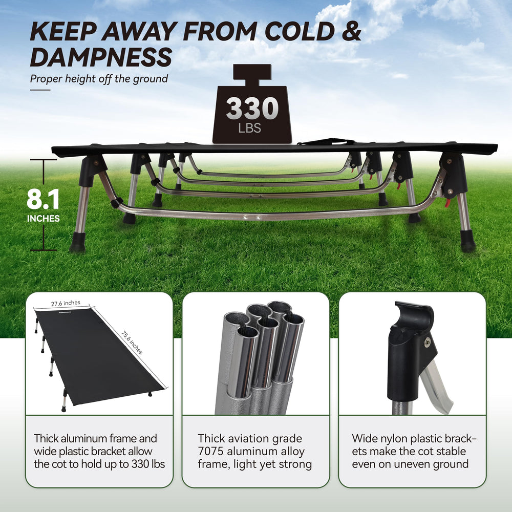 Marchway camping cot anti-skid feet on ground highlighting stability.