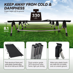 Marchway camping cot anti-skid feet on ground highlighting stability.