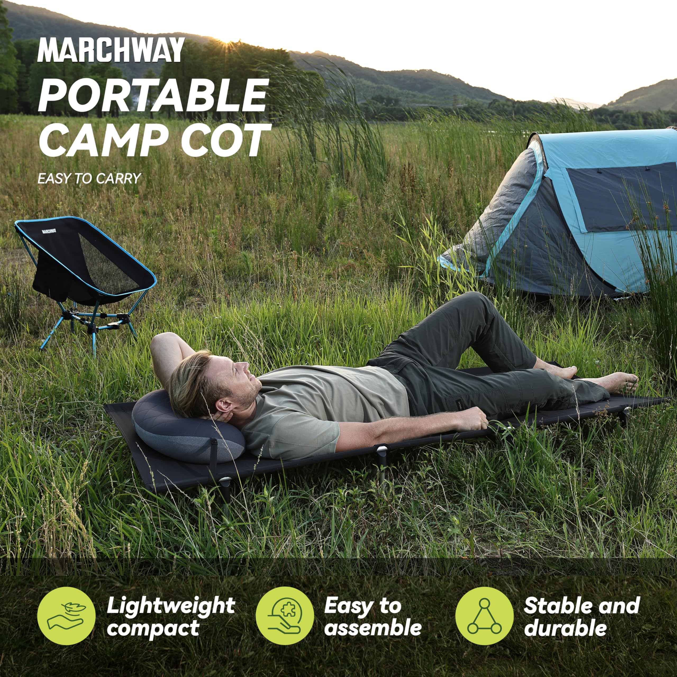 Marchway camping cot lever-lock action illustrated during easy assembly.