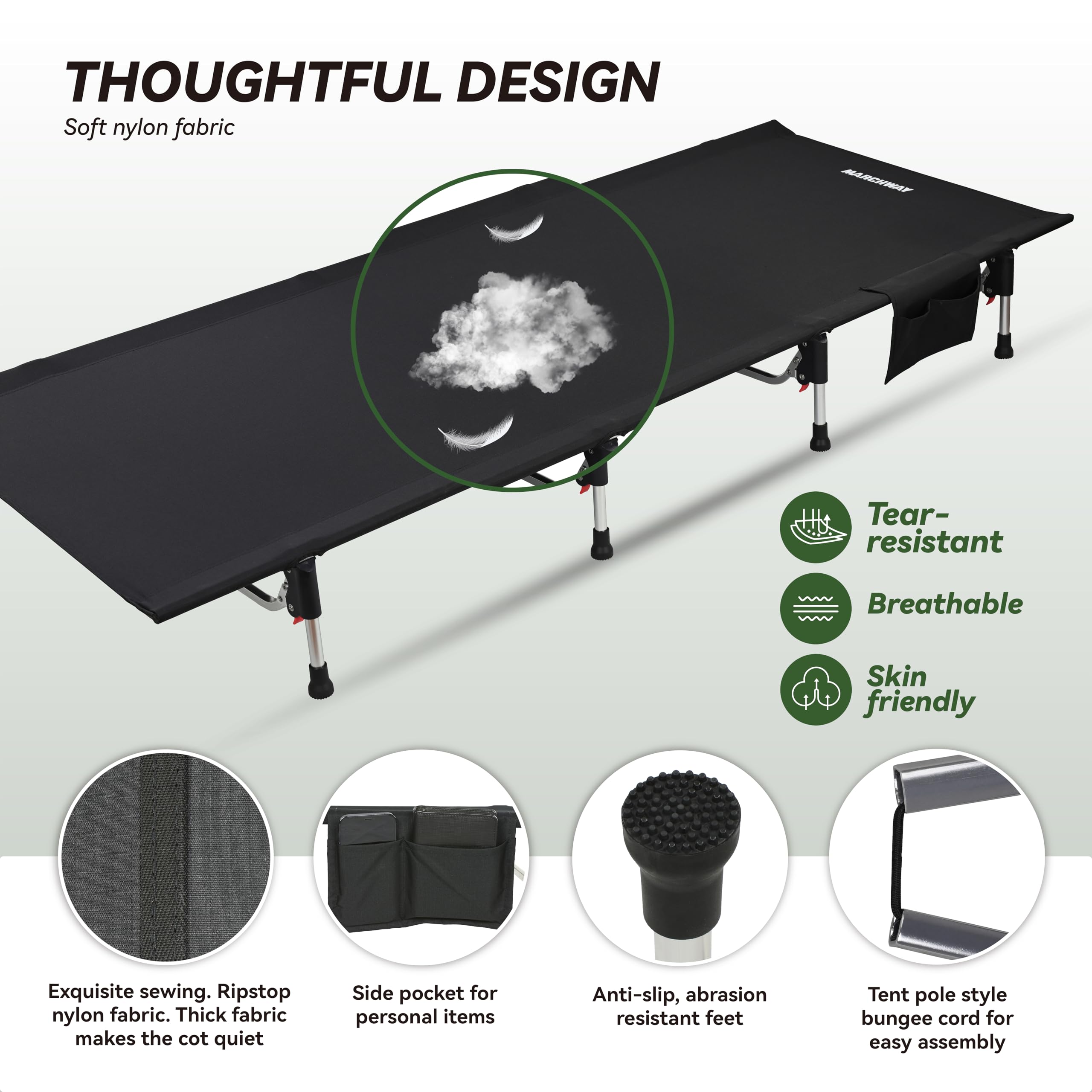 Marchway camping cot 8-inch height keeps you off cold ground.
