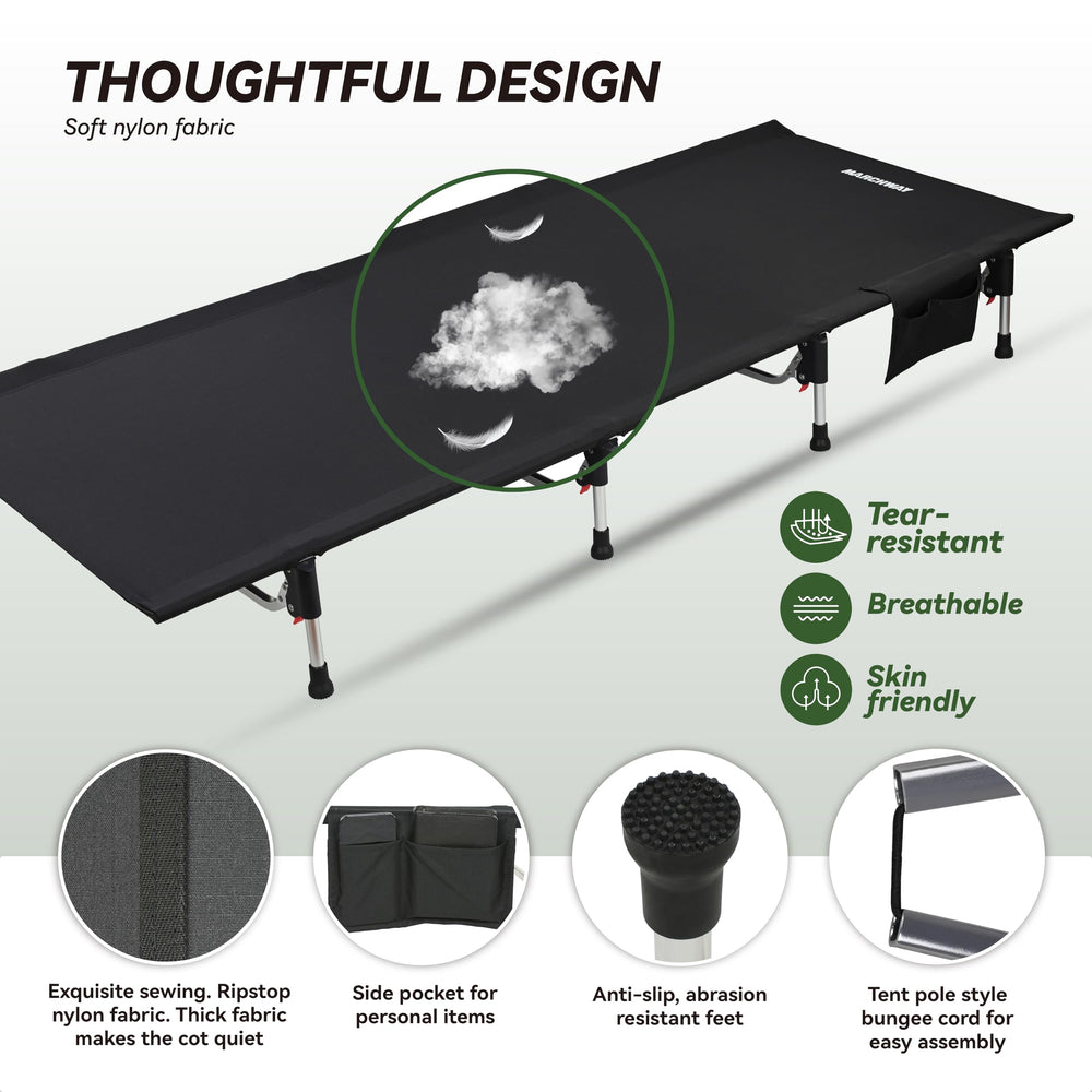 Marchway camping cot 8-inch height keeps you off cold ground.