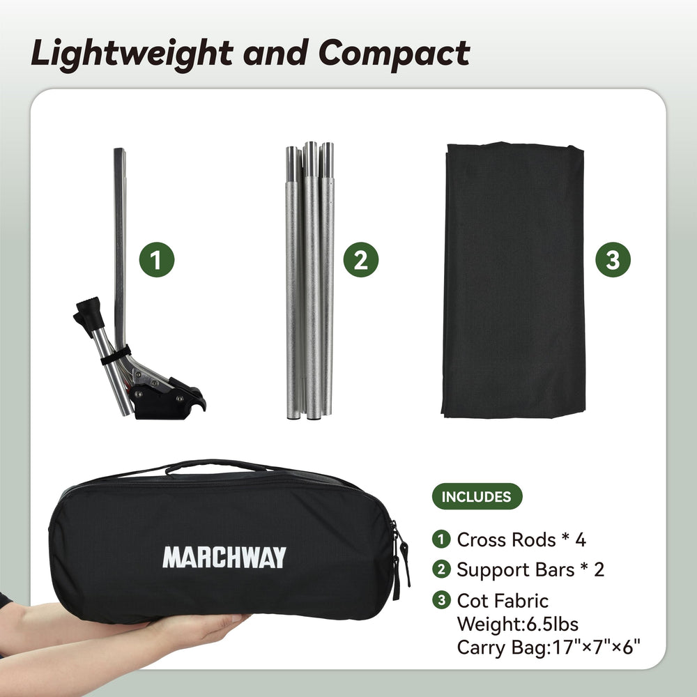 Marchway camping cot 330-lb capacity supports diverse outdoor camping scenarios.