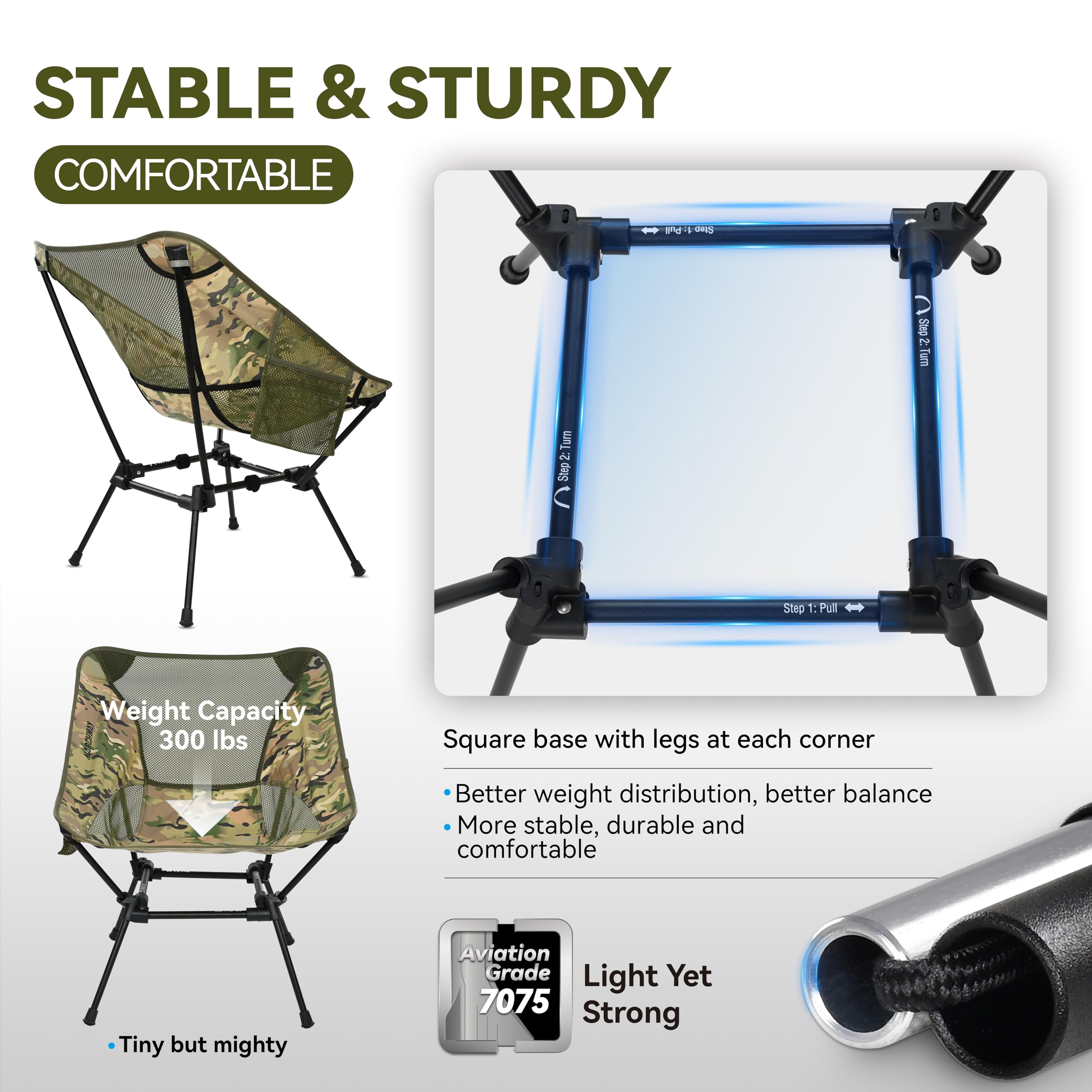 MARCHWAY shock-cord assembly enables quick setup for immediate seating
