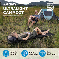 MARCHWAY cot with aluminum legs demonstrates durable, stable support on uneven terrain.