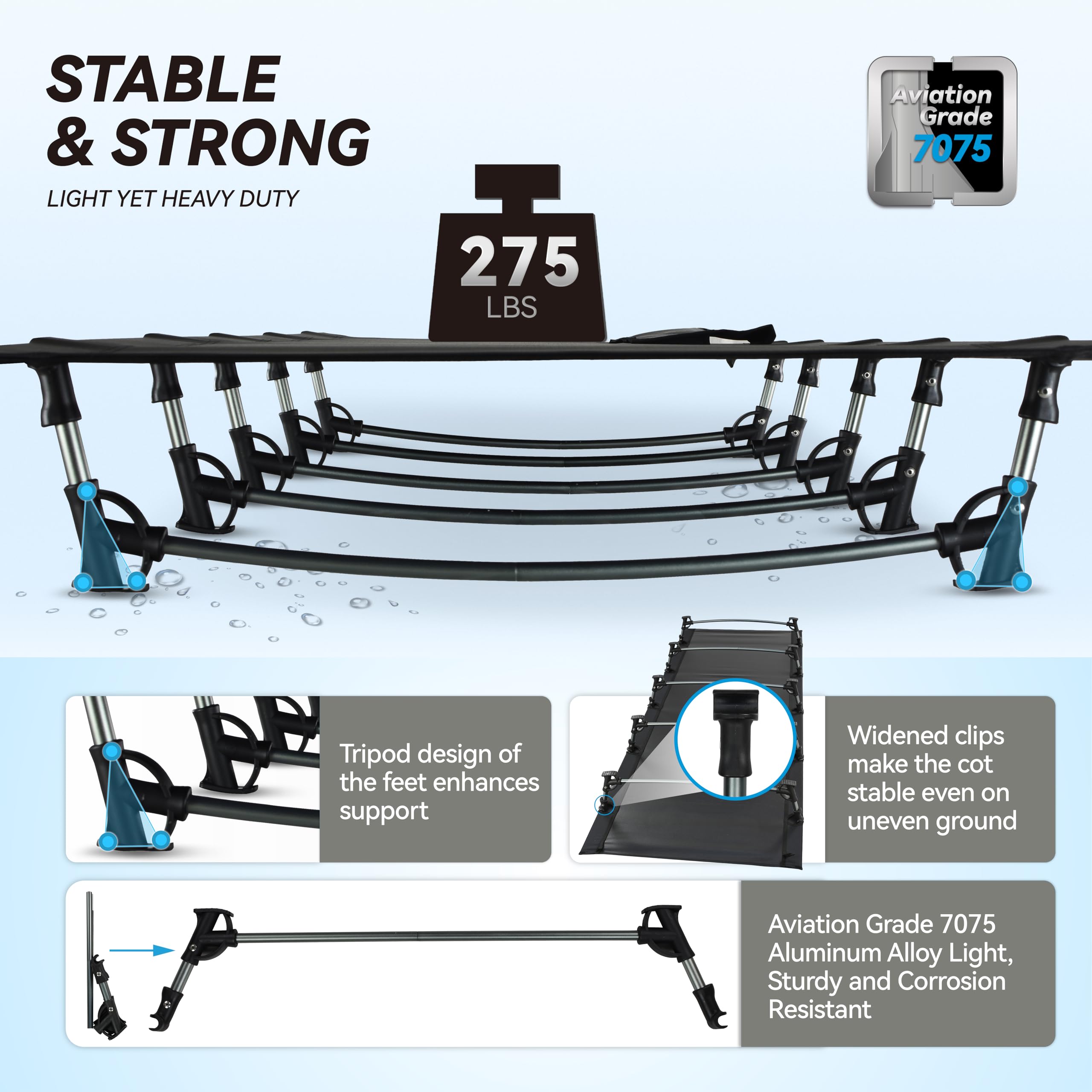 MARCHWAY camping cot with anti-skid feet demonstrates wobble-free stability.