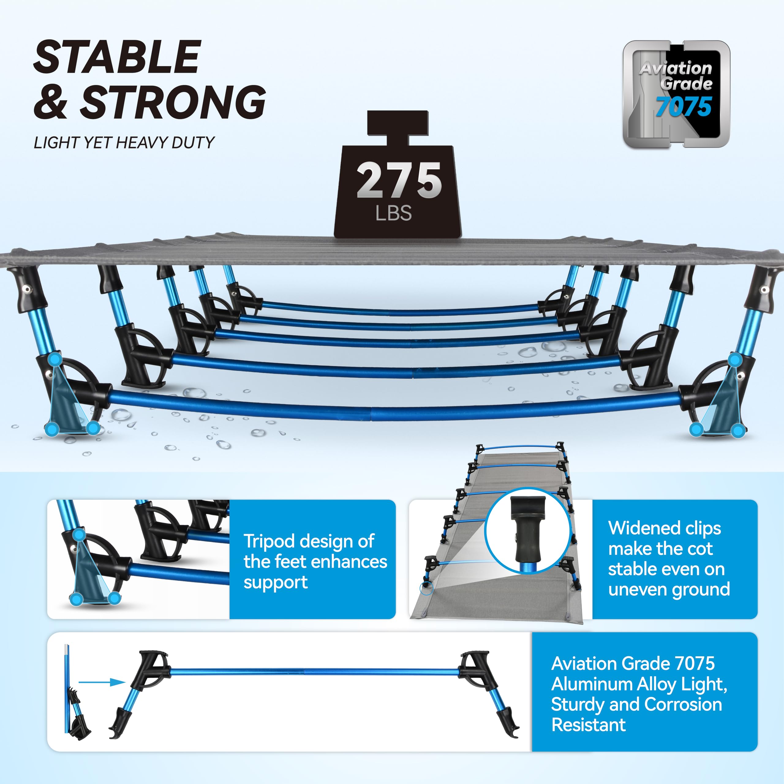 MARCHWAY cot with anti-skid feet stabilizes on uneven ground