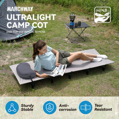 MARCHWAY cot with aircraft-grade aluminum legs supports 275 pounds