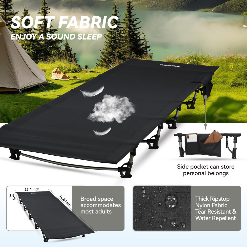 MARCHWAY cot on ground demonstrates off-ground comfort and dry sleeping surface.