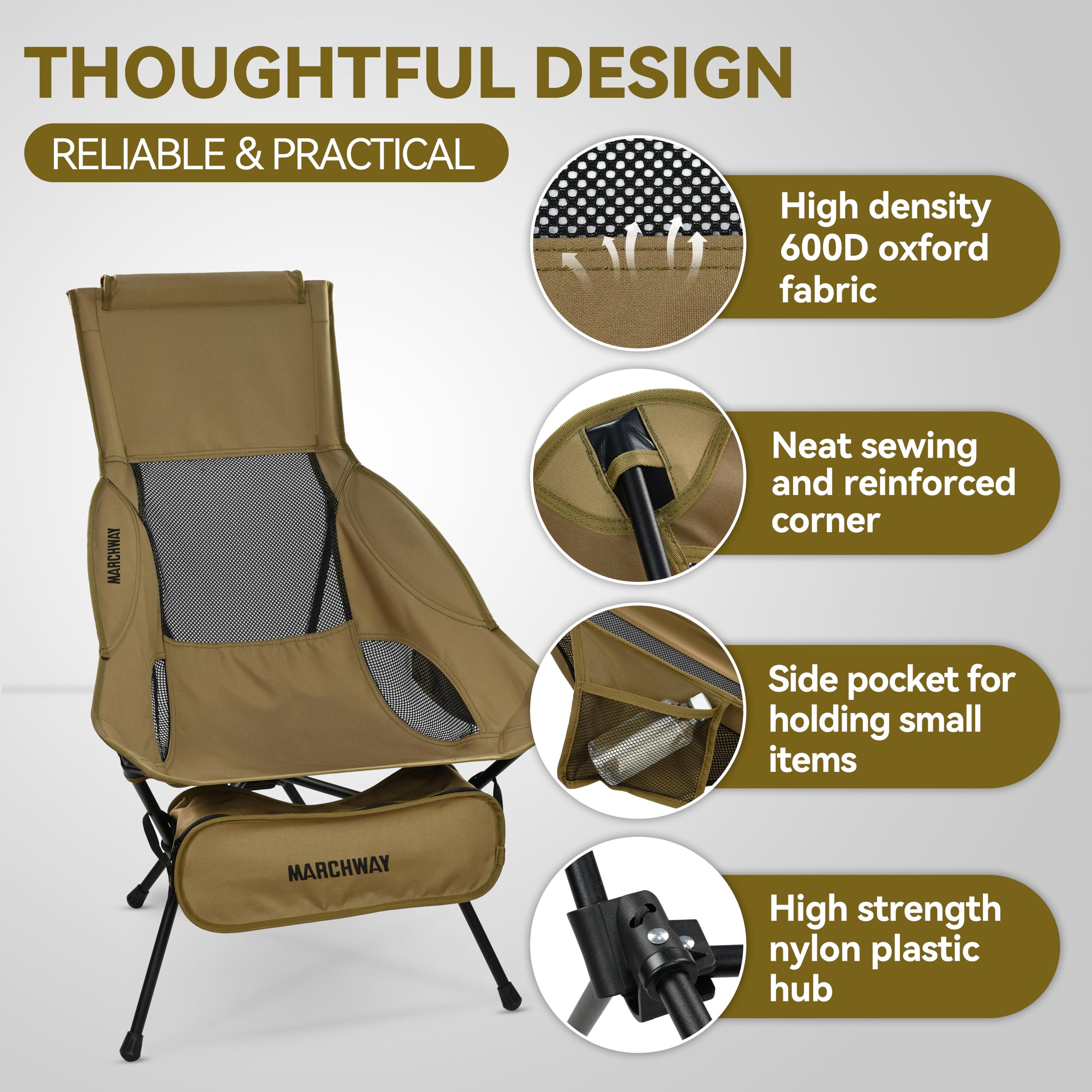 MARCHWAY head-support padded design cushions the neck during extended rests.
