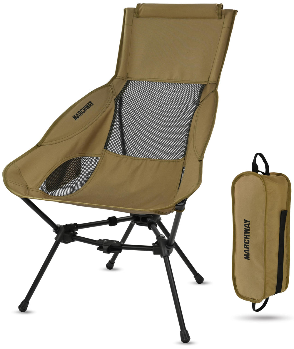 MARCHWAY highback camping chair khaki shows ergonomic back support for long outdoor sessions.